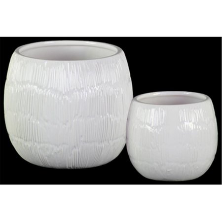 URBAN TRENDS COLLECTION Ceramic Low Round Pot with Embossed Lines Design Body  Tapered Bottom White Set of 2 37321